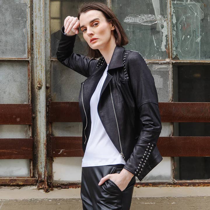 Clara Sunwoo - Wholesale Leather Jacket - Women's - JK166K - Liquid Leather ™ Studded Jacket4