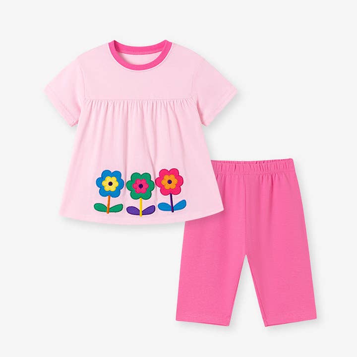 Summer Hot Selling Baby Kids Girls Short Sleeves Flowers Pattern T-shirt and Plain Pants Clothing Set for wholesale by MyKids-USA®