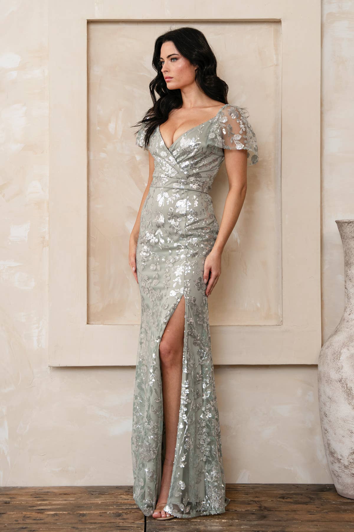 Rosemore Couture - Wholesale Gown - Women's - FLORAL SEQUINED MAXI DRESS WITH SLEEVES5