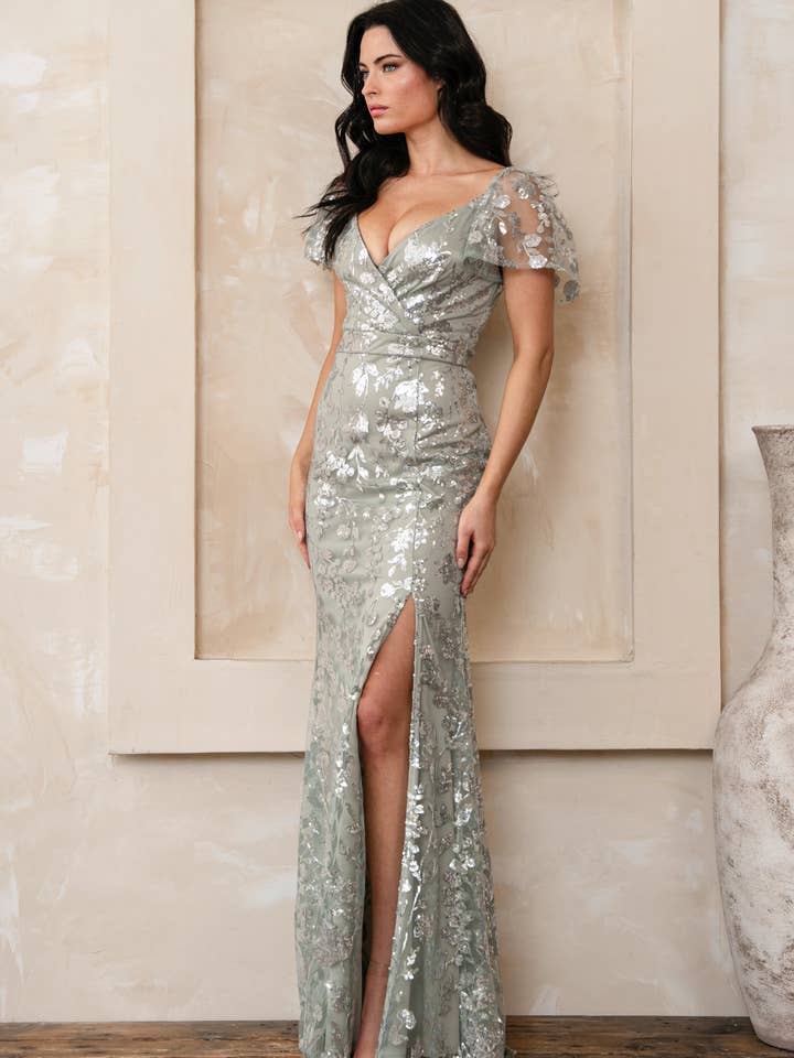 Rosemore Couture - Wholesale Gown - Women's - FLORAL SEQUINED MAXI DRESS WITH SLEEVES5