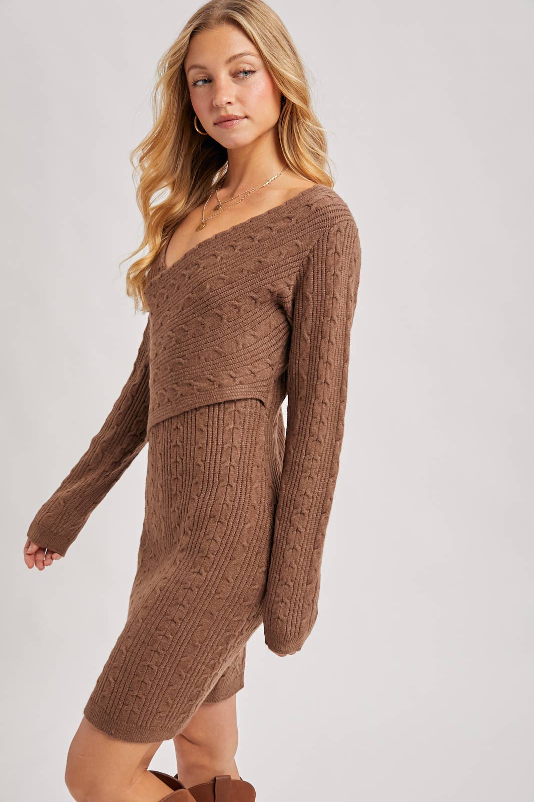 Bluivy - Wholesale Dress - Women's - V-NECK CABLE KNIT SWEATER WRAP DRESS5