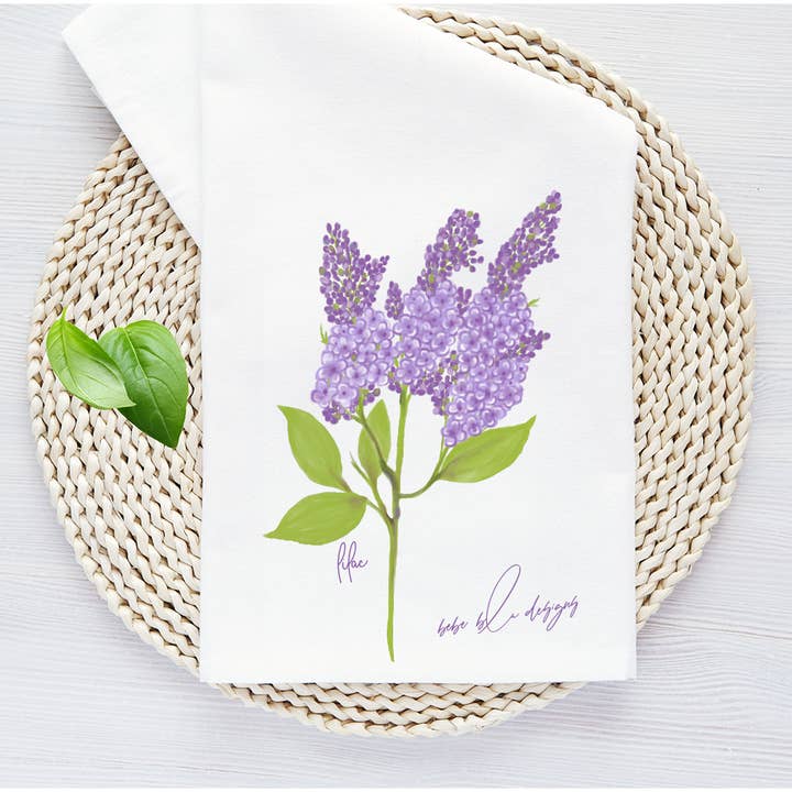 Lilac Twig Tea Towel, Purple Lilac Towel, Kitchen Decor, for wholesale by Bebe Blu Designs, LLC