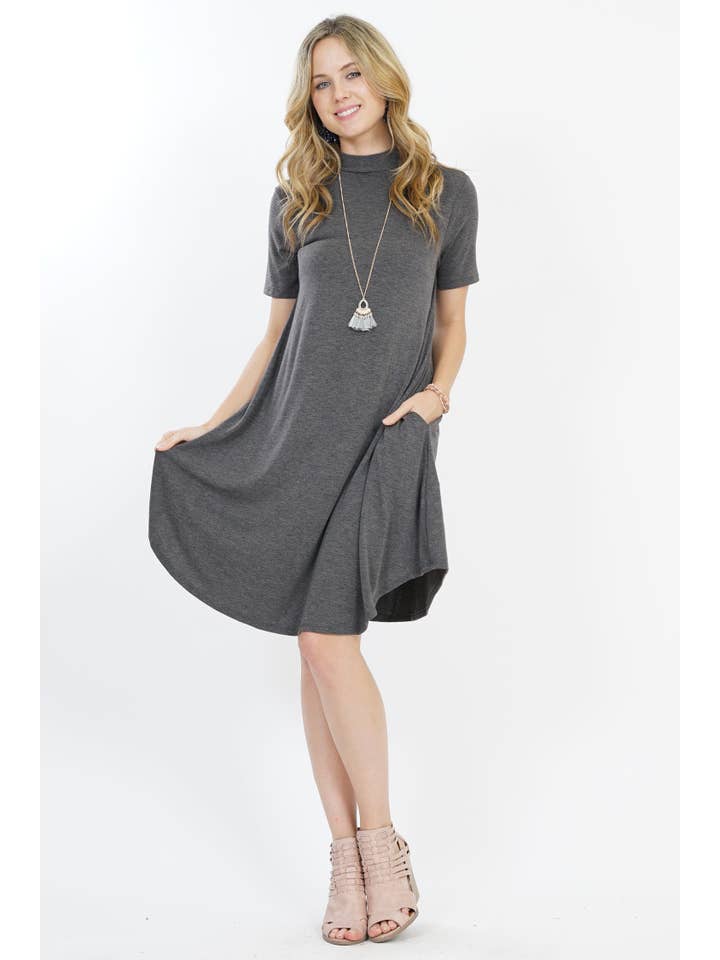 42POPS - Wholesale Dress - Women's - ....SI-10317 Mock Neck Short Sleeve Pocket Dress
