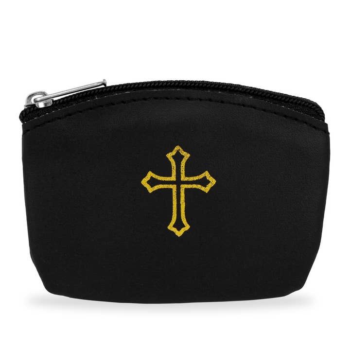 RM Trading - Wholesale Pouch - Women's - Black Vinyl Rosary Pouch Squeeze Top Gold Cross Imprint0