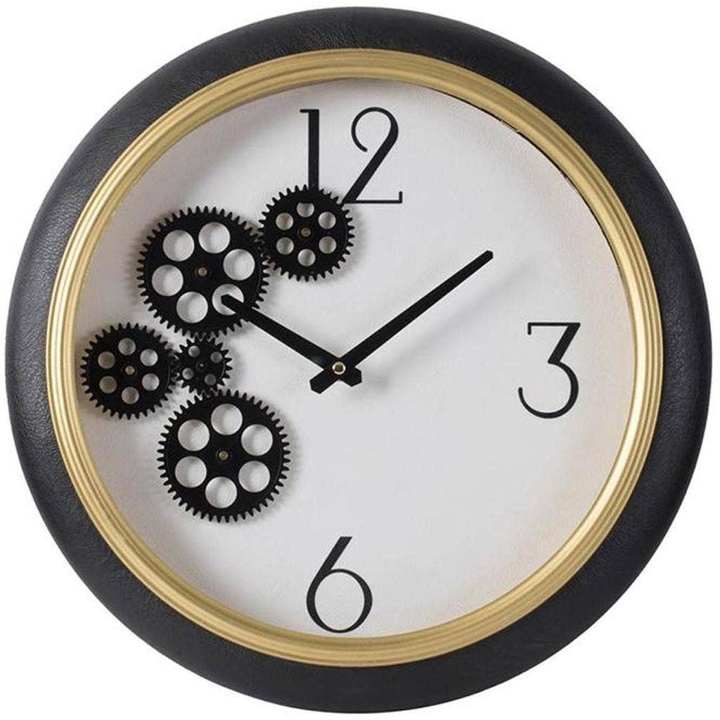 HomeRoots - Wholesale Wall Clock - 16" Black Gold And White Faux Leather And Iron Analog Exposed Gear Round Wall Clock4