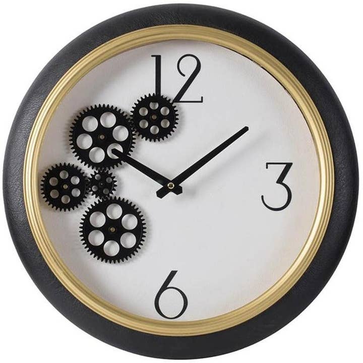 HomeRoots - Wholesale Wall Clock - 16" Black Gold And White Faux Leather And Iron Analog Exposed Gear Round Wall Clock4