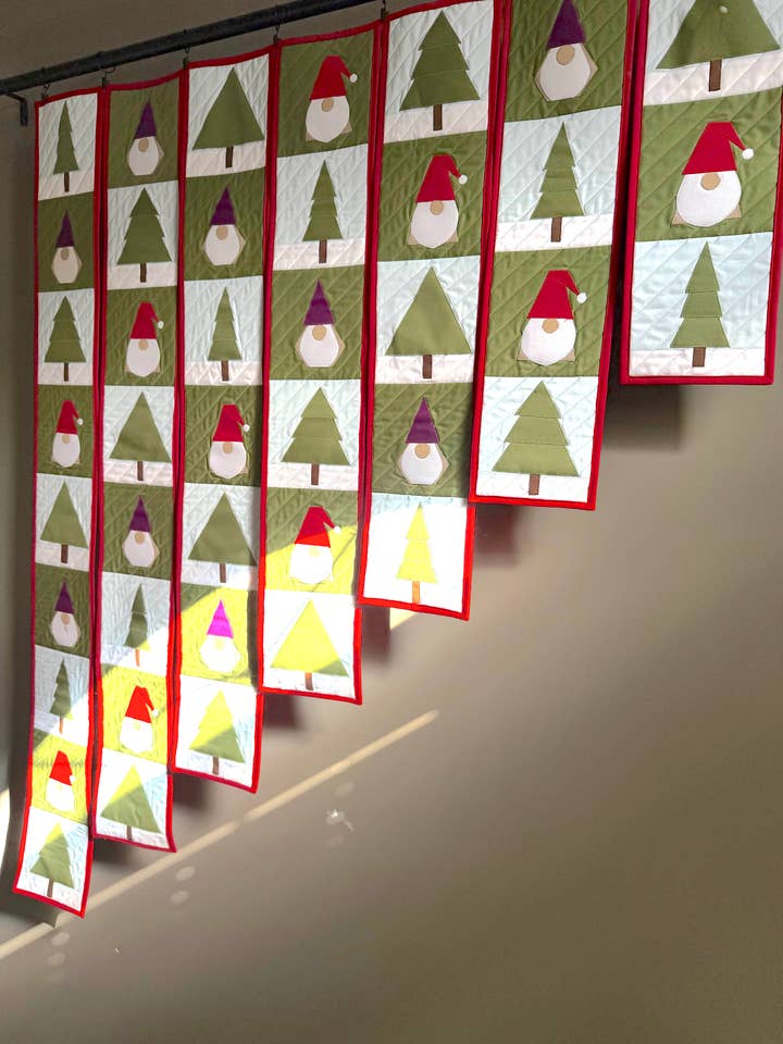 Christmas Staircase Quilt Pattern, Appliqué with Gnomes for wholesale by HBL Designs/Handwoven By Leah