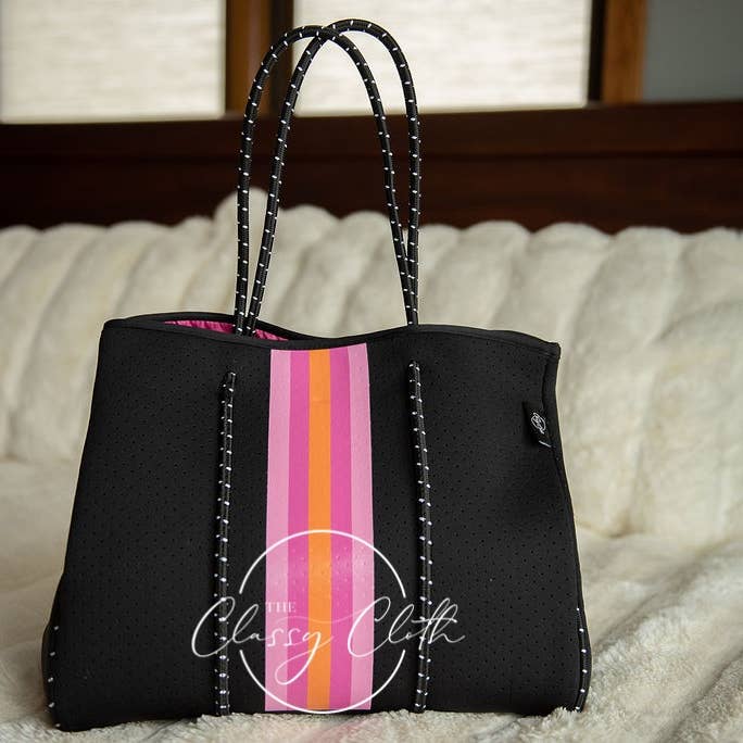 The Classy Cloth WS - Vendita all'ingrosso Borsa da spiaggia - Borsa da spiaggia - Nera con strisce rosa acceso e arancione RTS1