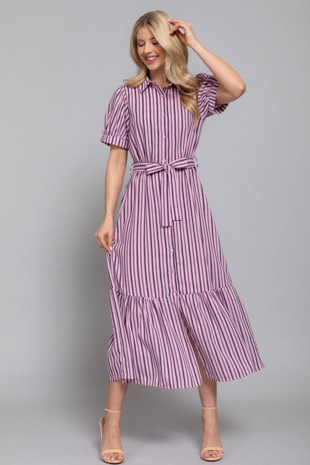 Active Basic | Active USA - Vente Robe – femme - Robe midi à rayures effet lin avec manches bouffantes, ceinture et boutons.