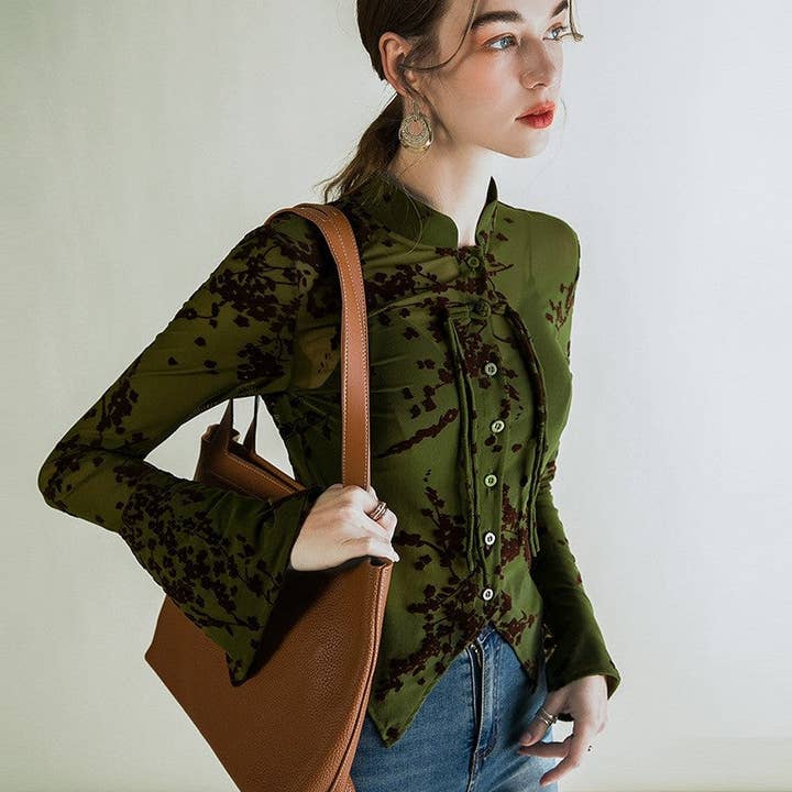 VERT Chemise boutonnée à manches longues en maille de couleur unie en vente sur Faire2