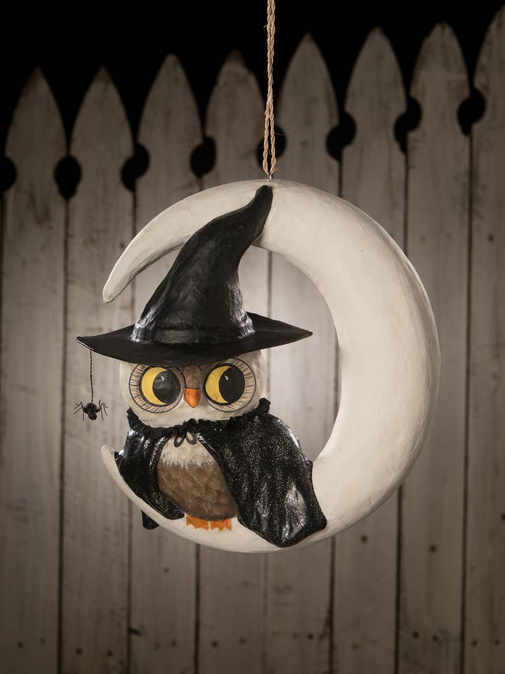 Witchy Owl on Moon Paper Mache for wholesale by Bethany Lowe Designs