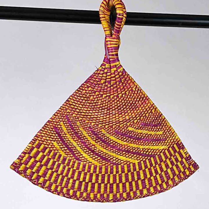 The Niger Bend - Wholesale Handheld Folding Fan - Raffia Hand Fan Accessory Handwoven in Togo - Yellow & Magenta1