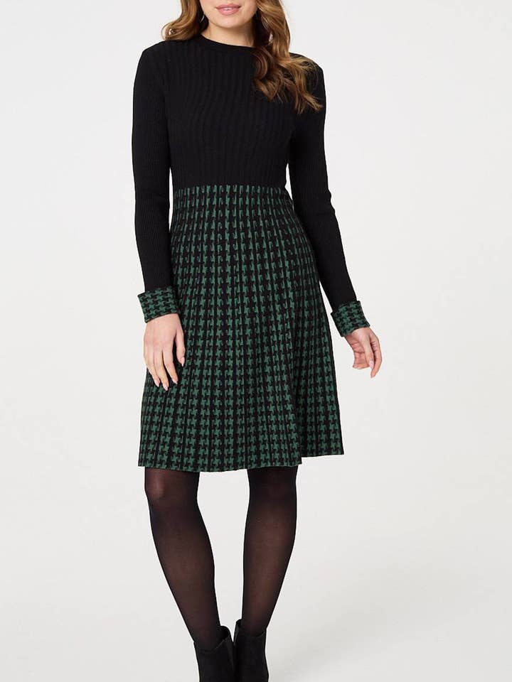 Vestido de punto de manga larga con estampado de pata de gallo para venta al por mayor de Stellalondon