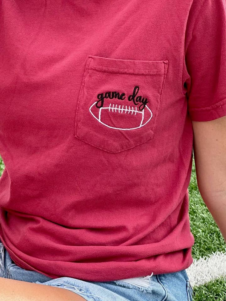 Game Day Embroidered Pocket Tee for wholesale by Adelle Linen