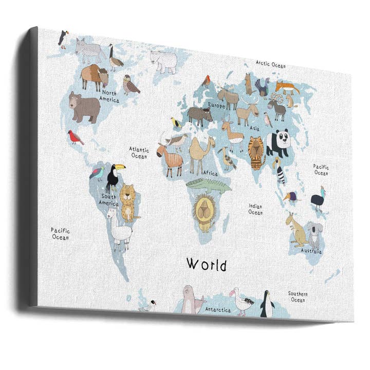Wall art Illustrated Map of the World with Cute Animals for wholesale by GTA ART