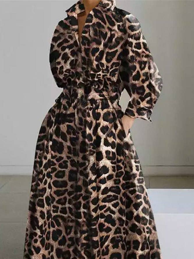 Urban Loose Long Sleeves Leopard Lapel Collar Midi Dresses for wholesale on Faire