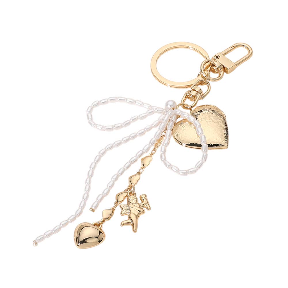 Sensibling Corp. - Wholesale Keychain - Women's - Pearl Beaded Bow Metal Heart Embellished Bag Charm Keychain3