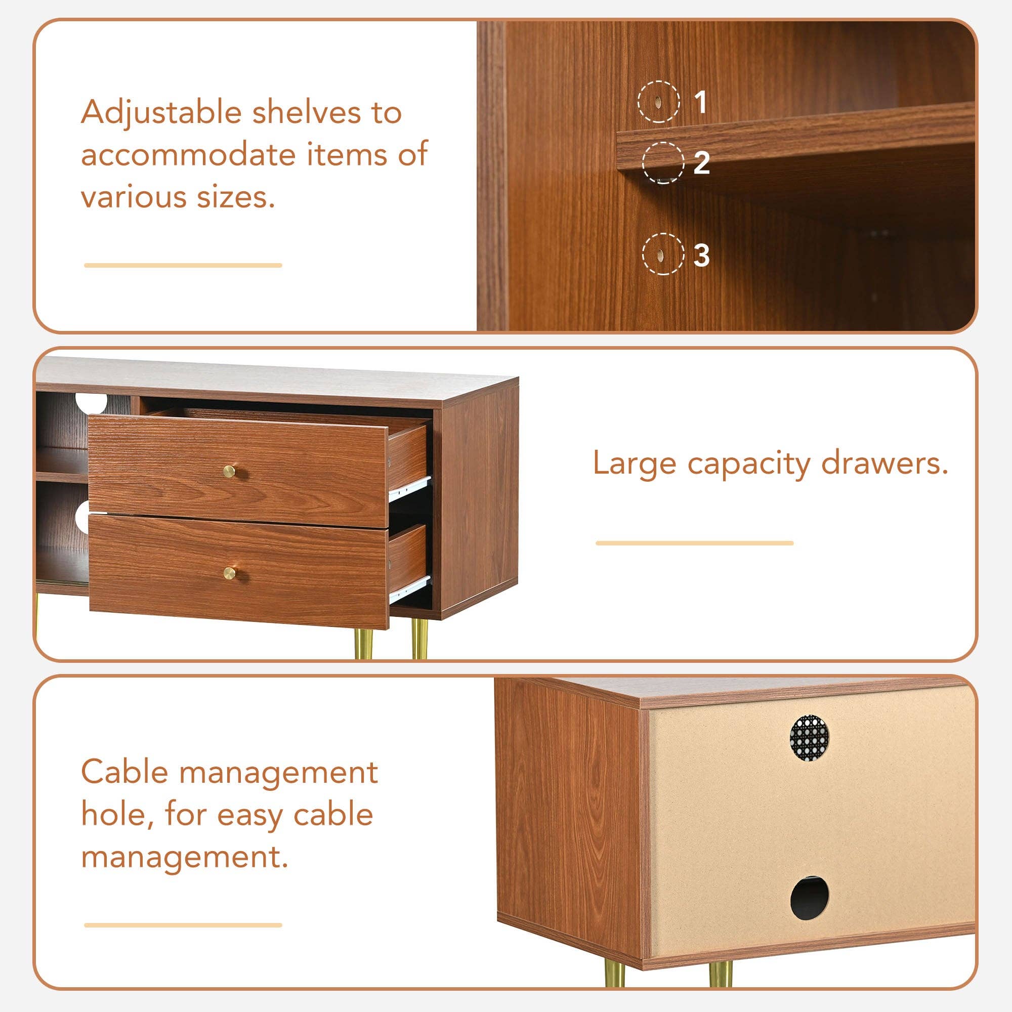 Urban Meuble - Wholesale Console Table - Dark wood effect rattan TV stand with 2 sliding doors, 2 drawers, and gold legs IZEID8