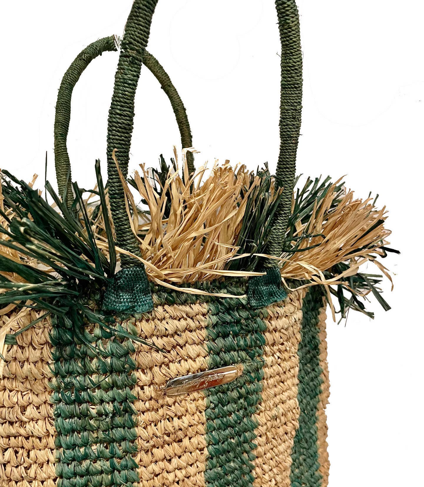 Twenty Violets - Vente Sac de plage - Sac à main rayé vert en raphia naturel recyclé3