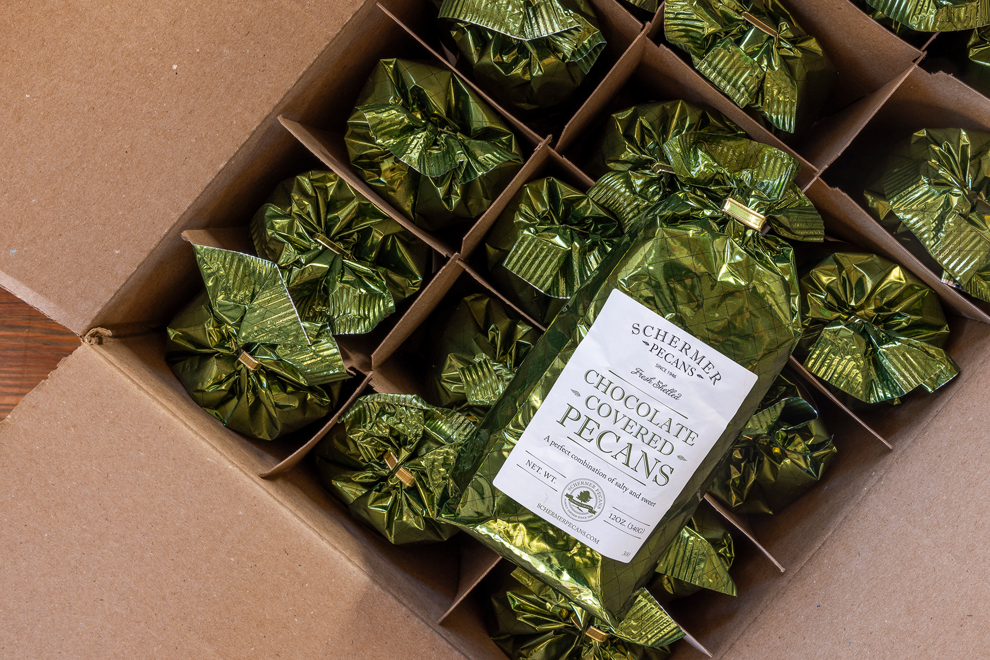 Schermer Pecans – wholesale Chocolate-covered sweets – MILK CHOCOLATE COVERED PECANS - GA Grown - 12 Foil Bags/Case3