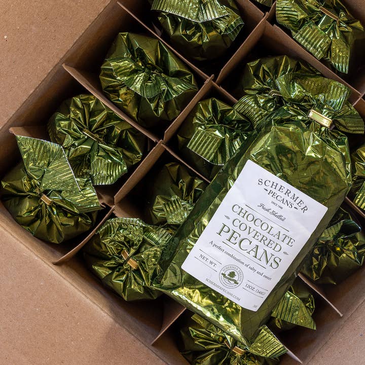 Schermer Pecans - Wholesale Chocolate Covered Sweets - MILK CHOCOLATE COVERED PECANS - GA Grown - 12 Foil Bags/Case3