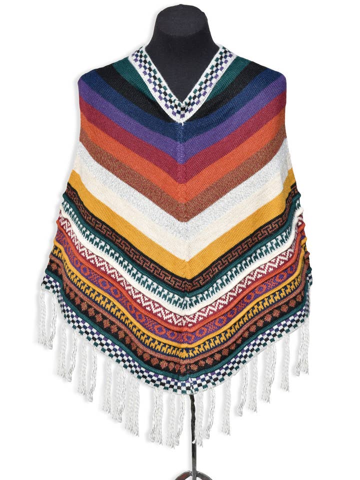Sanyork Fair Trade - Wholesale Poncho – Women's - Adult 100% Alpaca Knit Poncho Striped with Llamas V Shape