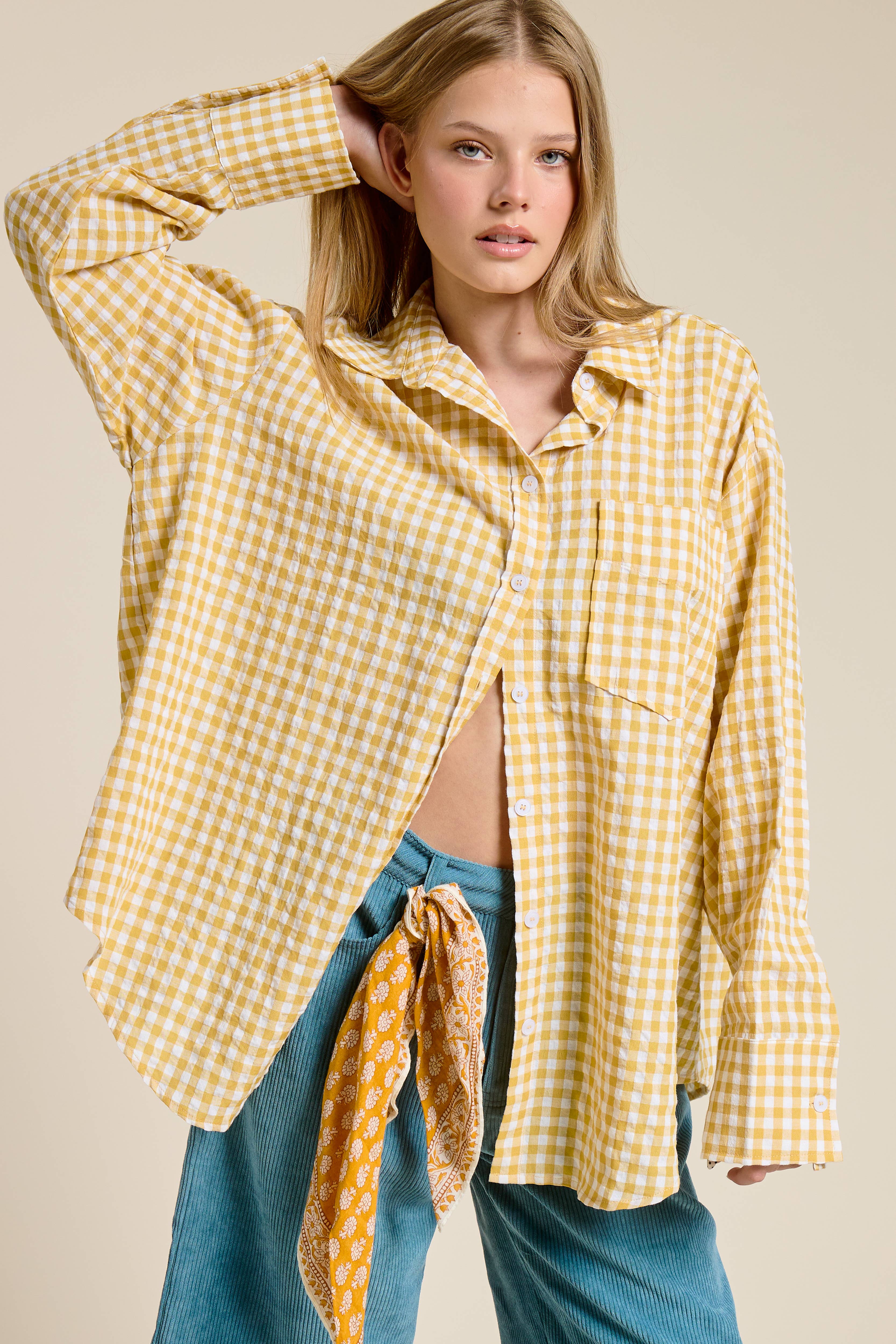 Mimosa - Wholesale Button Down Shirt - Women's - Oversized Gingham Button Down Shirt12