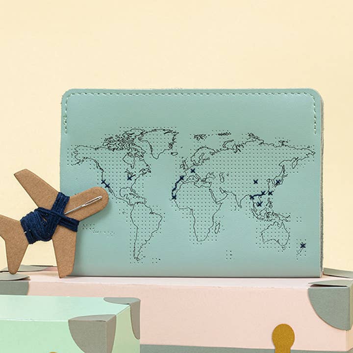 Chasing Threads – wholesale Passport case – women's – Stitch Where You've Been Passport Cover Kit - Mint Leather1