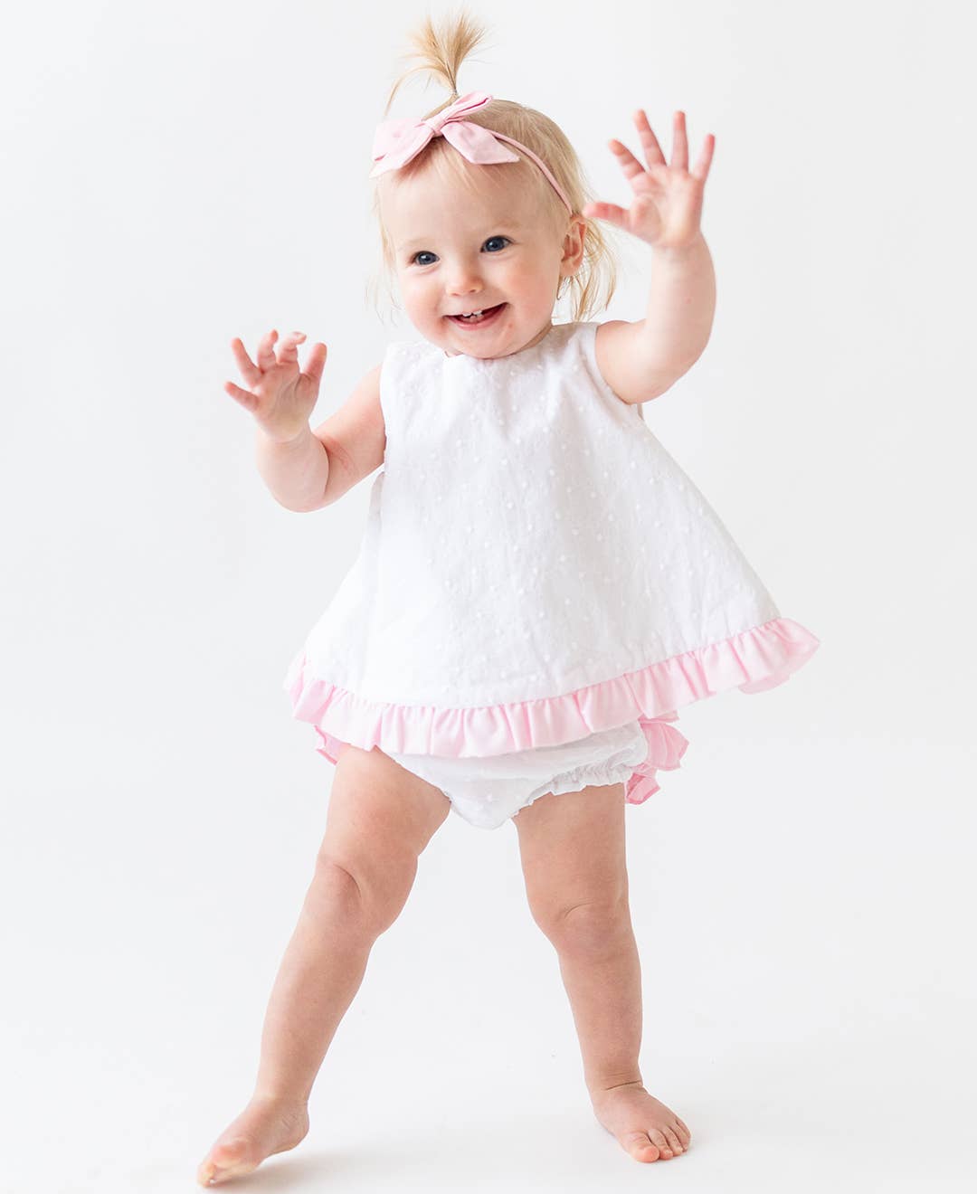 Baby Girls White & Pink Swiss Dot Swing Top & Bloomer Set for wholesale on Faire6