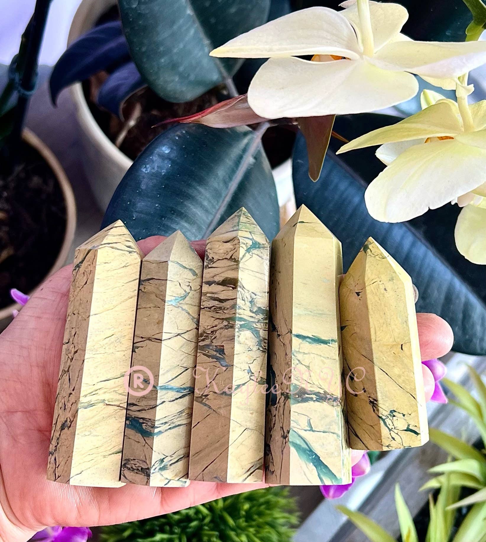 KayleeNYC - Wholesale Spiritual Stone/Crystal - 1 Lb Natural Yellow Unakite Jasper Chrysoprase Obelisk Tower5