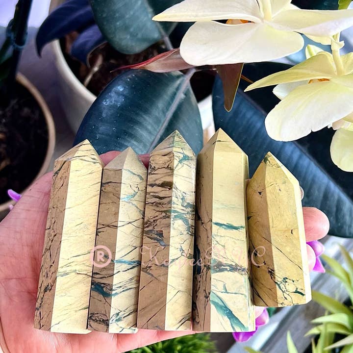KayleeNYC - Wholesale Spiritual Stone/Crystal - 1 Lb Natural Yellow Unakite Jasper Chrysoprase Obelisk Tower5
