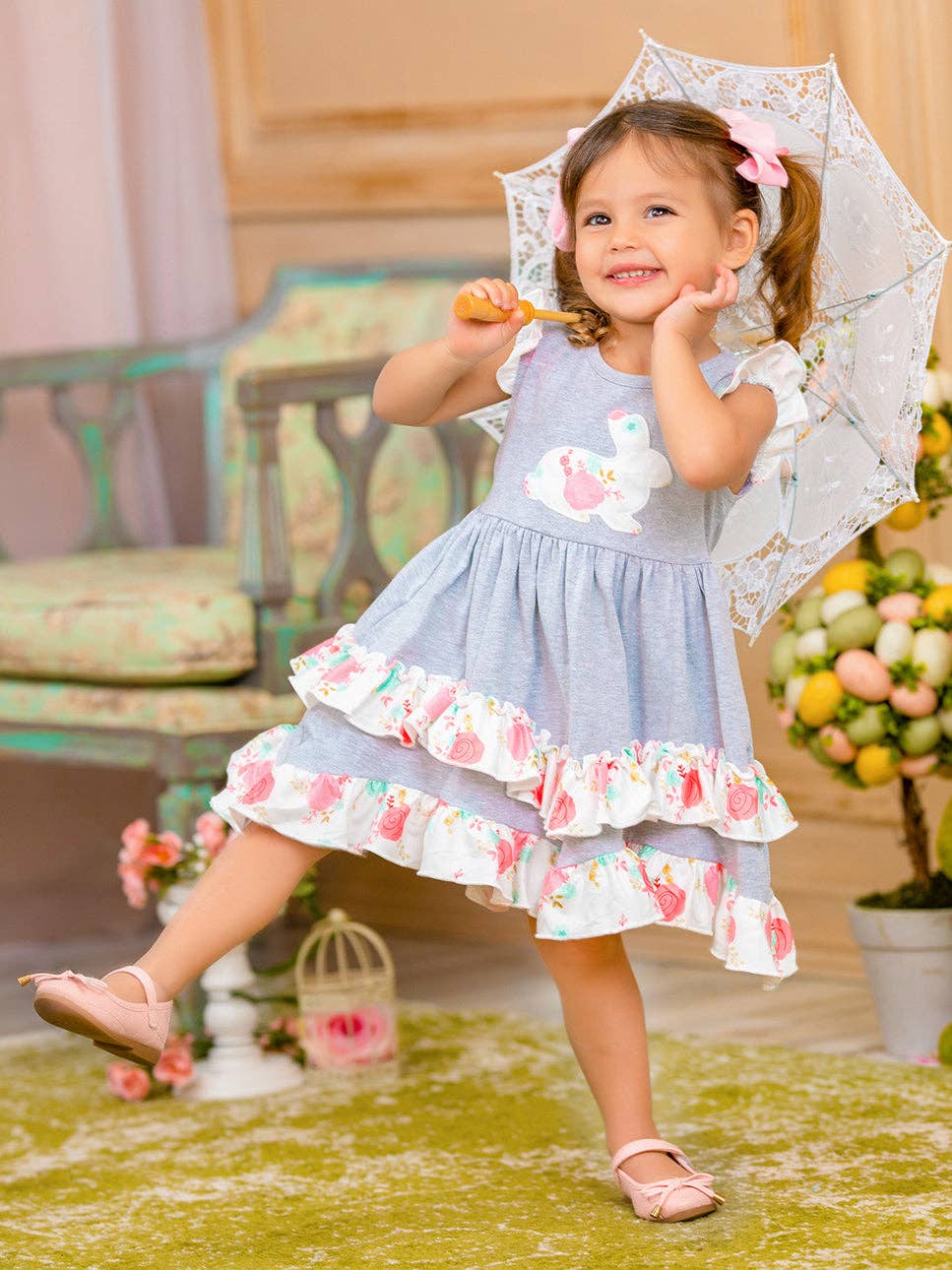 Mia Belle Girls • Wholesale - Wholesale Dress - Kids - Bunny Flutter Sleeve Tiered Ruffle Dress8