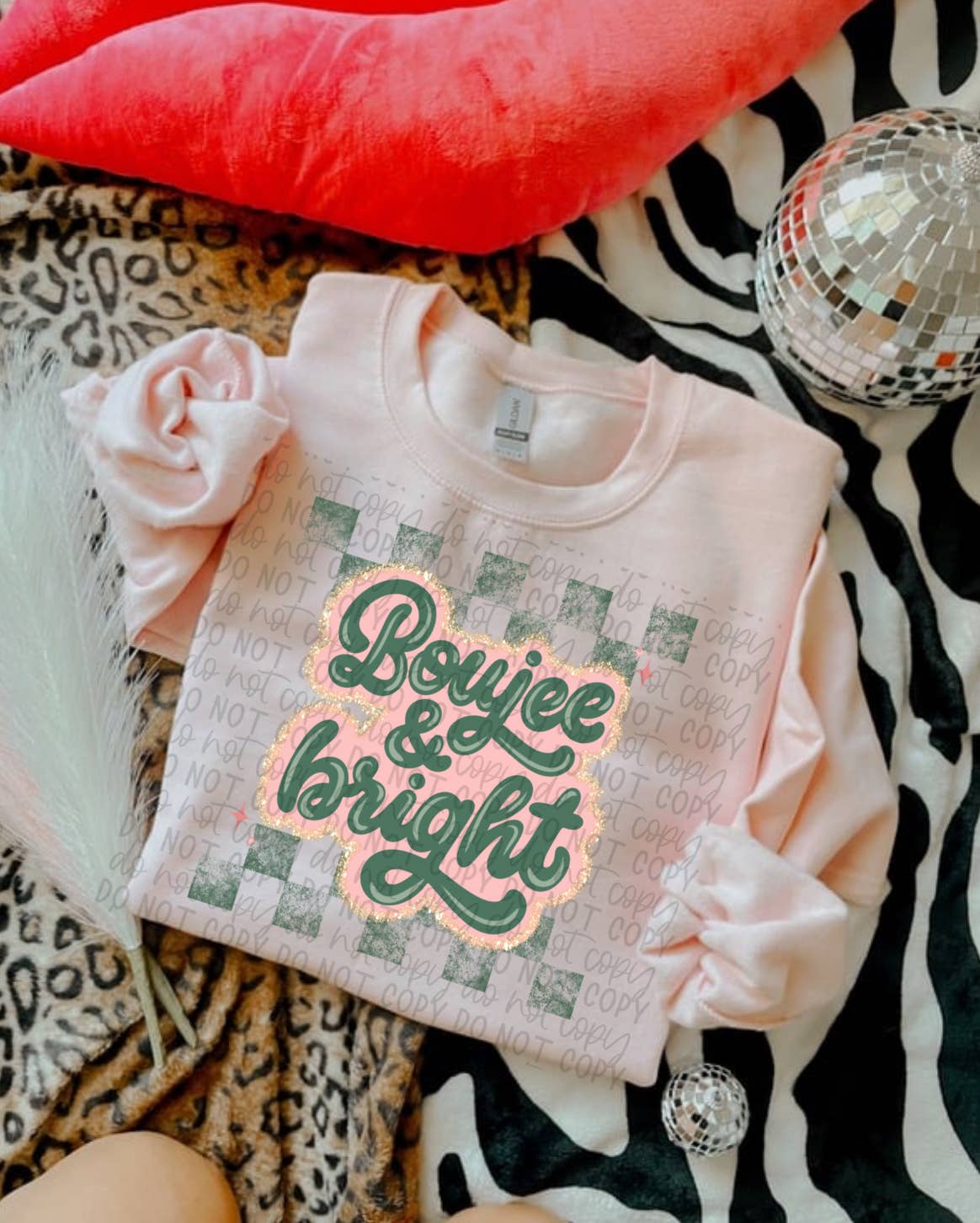 Twisted Image Tees Wholesale - Wholesale Graphic Sweatshirt - Women's - Boujee & Bright (Gildan Light Pink Crewneck)