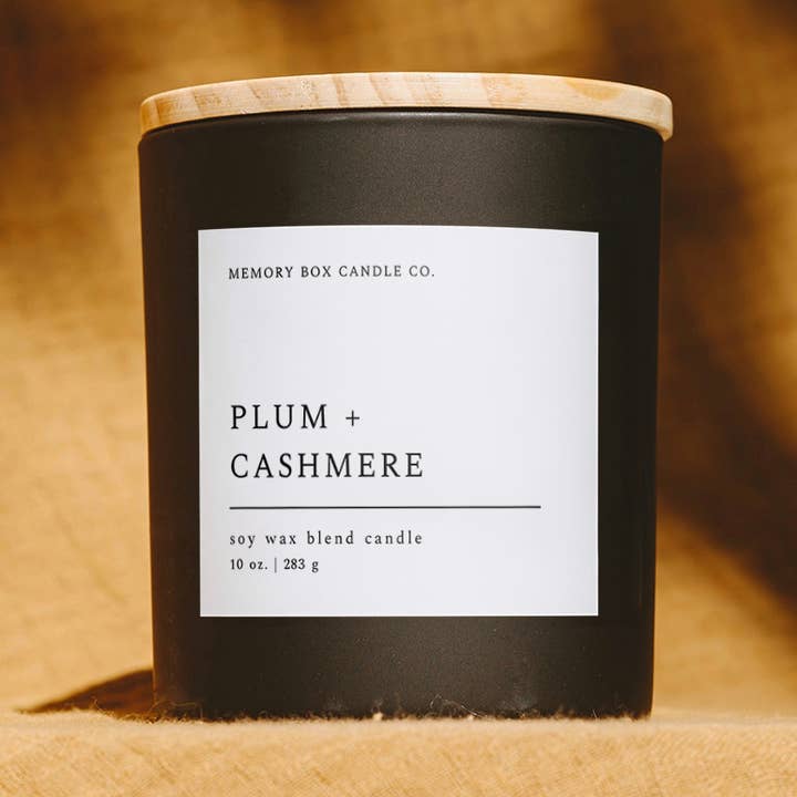Soy Candle - Plum + Cashmere - 10 oz. Matte Black Glass for wholesale by Memory Box Candle Co.