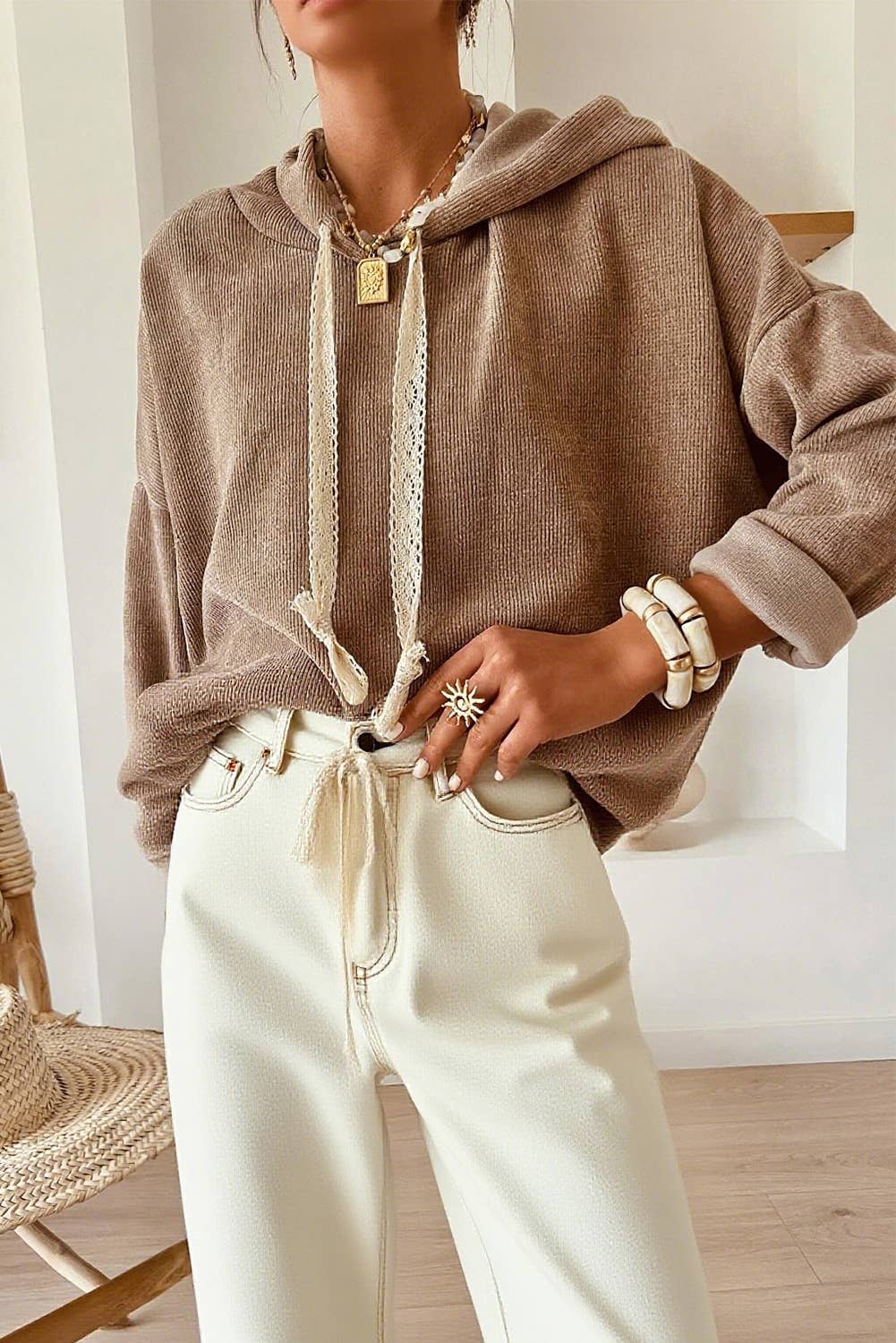 66DISCO - Vente Sweat à capuche – femme - Sweat à capuche ample à cordon en dentelle texturée thermique/imprimé léopard (S-XL)3