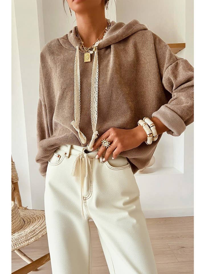 66DISCO - Vente Sweat à capuche – femme - Sweat à capuche ample à cordon en dentelle texturée thermique/imprimé léopard (S-XL)3