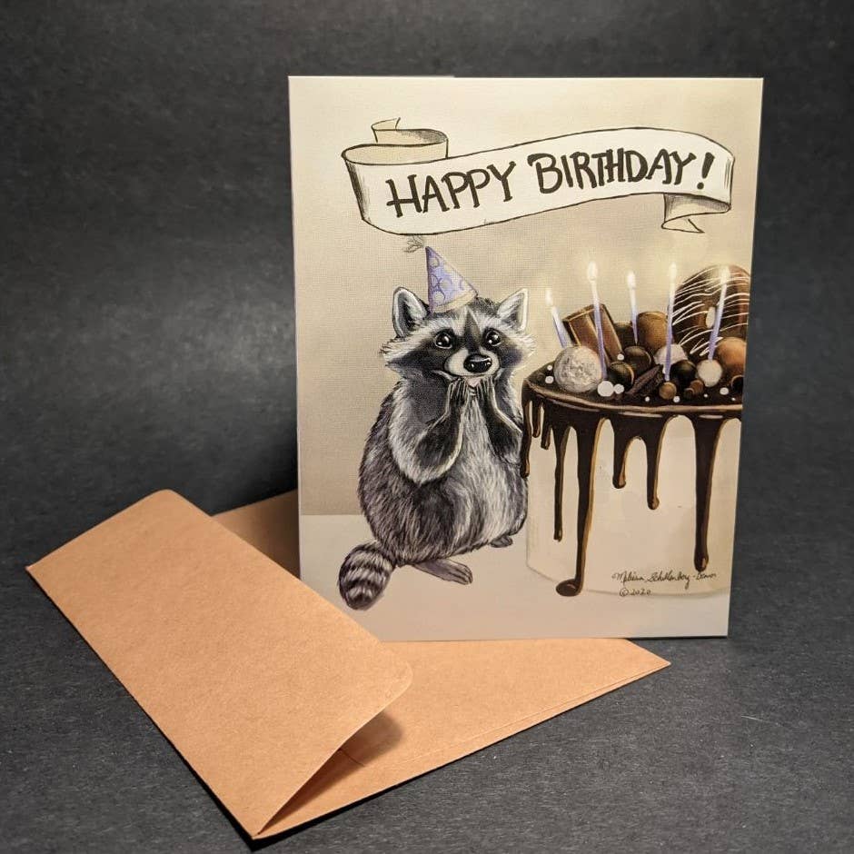 True North Creations - Vente Cartes d'anniversaire - Carte d'anniversaire Surprise Raccoon1