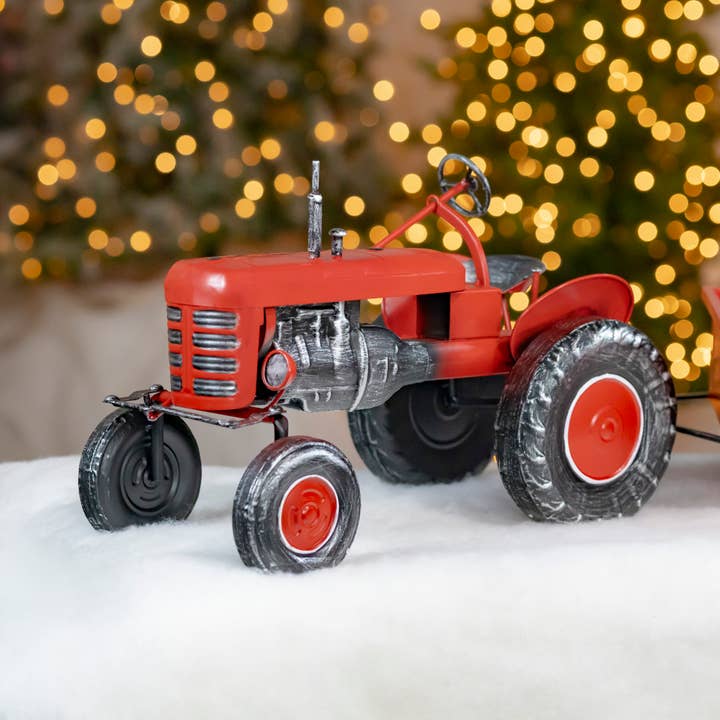 Zaer Ltd. International - Wholesale Christmas Decoration - 3.4 Foot Long Small Red Metal Tractor with Cart6