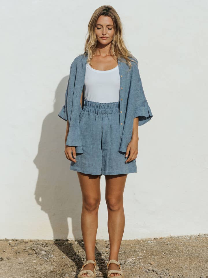 MagicLinen (We handle U.S. import procedures for you) - Wholesale Shorts – Women’s - High waisted linen shorts CUENCA in Denim chambray3