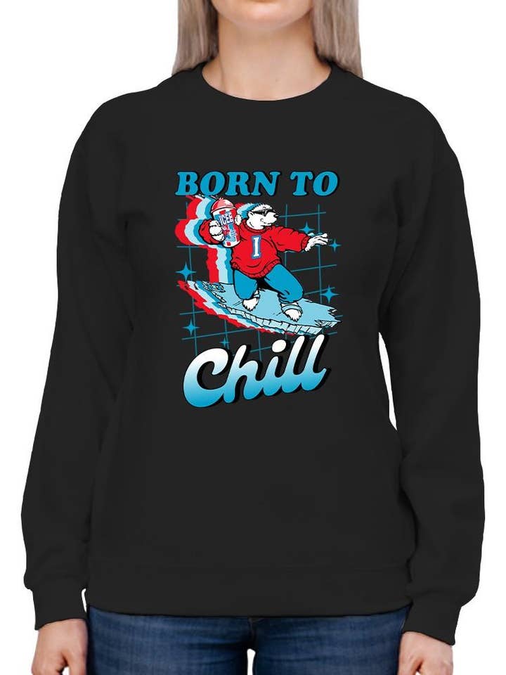 Officially Licensed ICEE Born To Chill - Surfing Polar-Bear Graphic Women's Sweatshirt for wholesale by Snack Tees