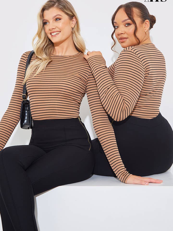 Gestreiftes geripptes Langarmshirt braun für den Großhandel von In The Style