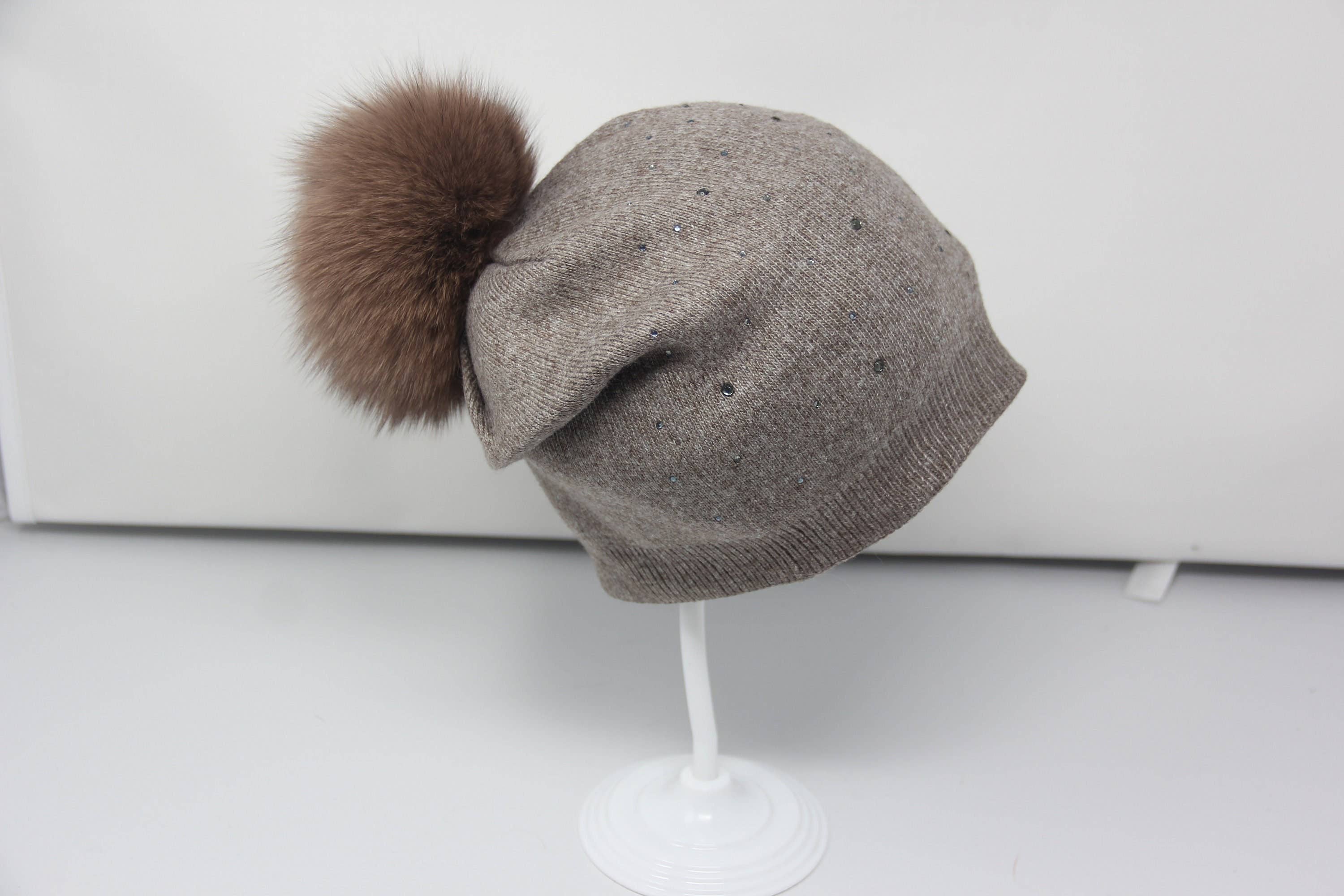 FanakoStudioNYC - Wholesale Beanie - Women's - New, 100% Cashmere Beanie Hat With Real Fox Fur Pom Pom/ Winter Hat For Women/ Wool Winter Hat/beanie.christmas Gift