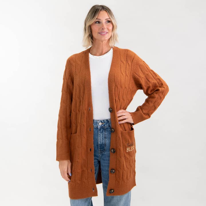 Thankful Grateful Blessed Cable Knit Cardigan for wholesale by Love in Faith