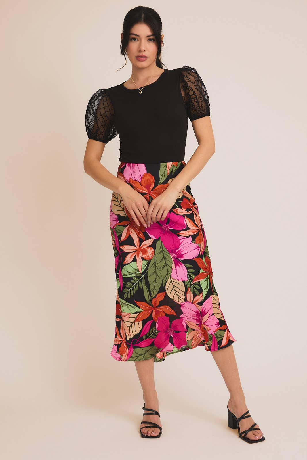 Black ROUND NECK LACE PUFF SLEEVE KNIT + LACE MIX BODYSUIT for wholesale on Faire4