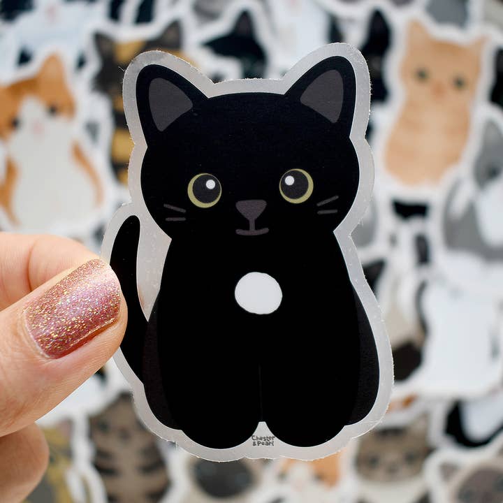 Looks Like My Cat! Black cat with white locket sticker for wholesale by Chester and Pearl