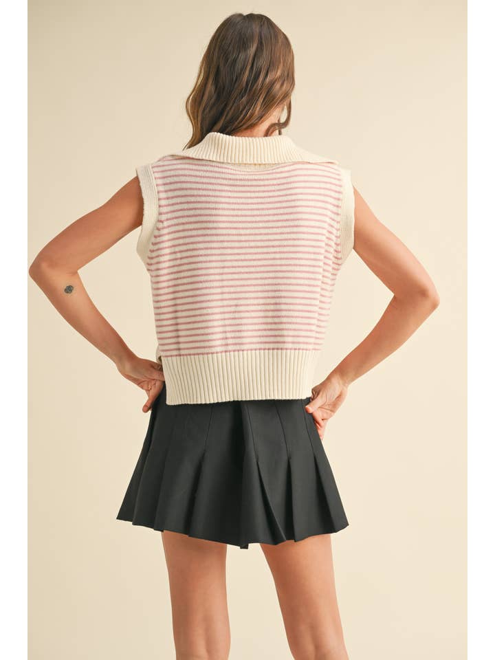 MIOU MUSE - Wholesale Knit Top - Women's - T3789 V-NECK STRIPE COLLAR KNITTED TOP