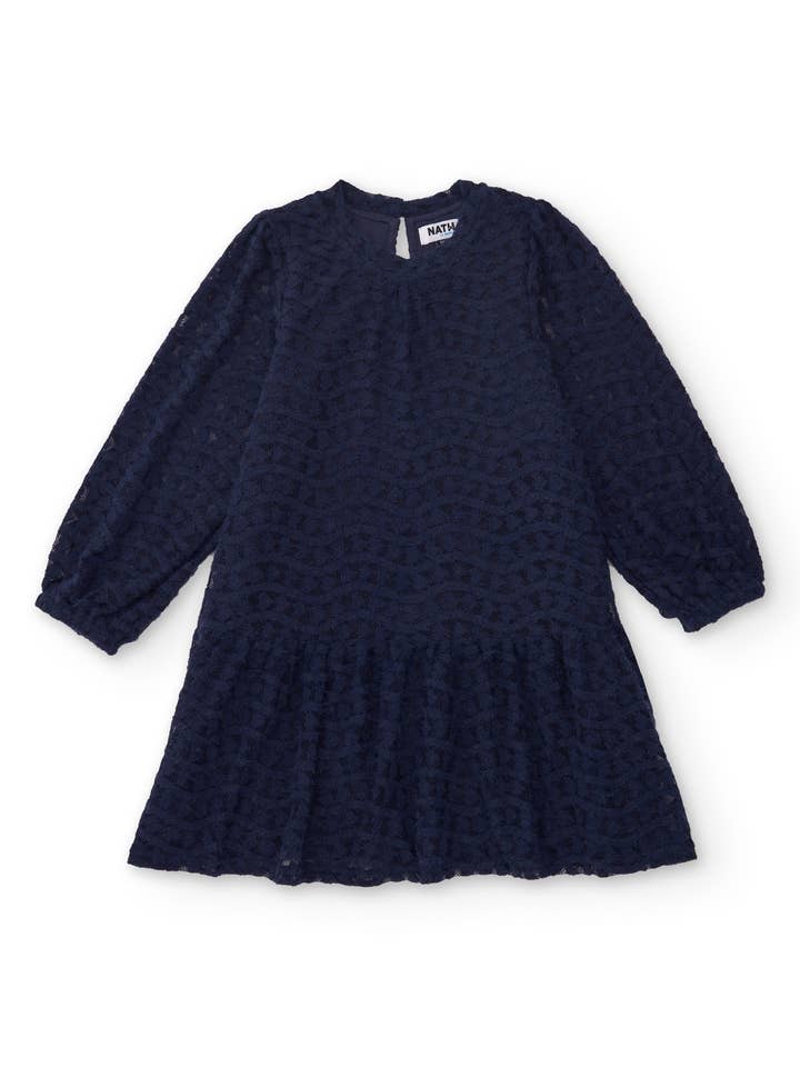 Navy blue girl's dress with lace and long sleeves for wholesale by tuc tuc