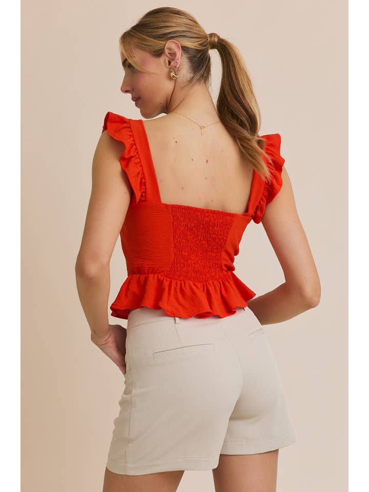 Rouge Haut à manches à volants avec encolure en cœur et nœud devant en vente sur Faire3