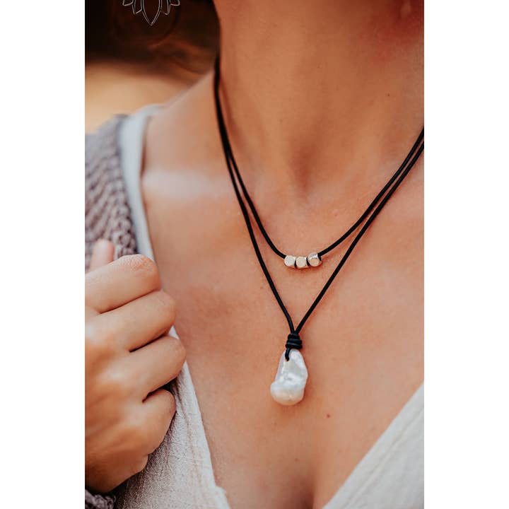 Large Baroque Flameball Pearl Leather Necklace: Silver Accent Beads for wholesale by The Rustic Boho Chic
