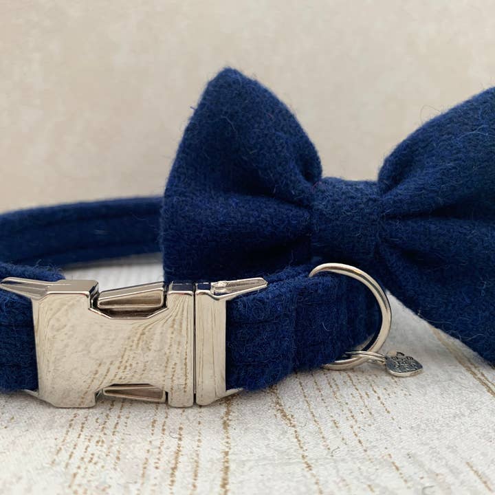 (Balmoral) Harris Tweed® Bow Tie Dog Collar - Blue (with Silver Findings) for wholesale by BOWZOS